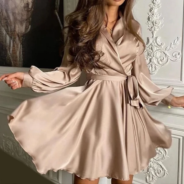 MOARCHO Women Sexy V-Neck Slip Dress Satin Elegant Lantern Sleeve A-Line Club Party Dress Women's Clothing Streetwear Vestidos 2