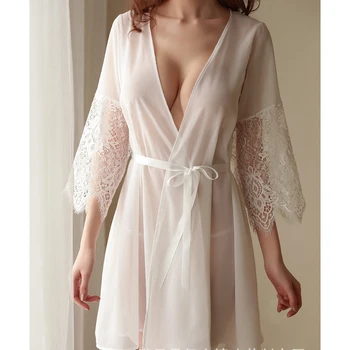 

Robes Home Dress White Sexy Mesh Night Skirt Robe Fashion Women Lace Long Sleeve Cardigan Nightgown Set One Size
