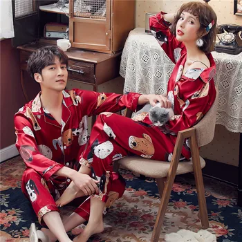 

Bright Red Wedding Couples Pajamas Silk Homewear Set Men WOMEN'S Long Sleeve Trousers Autumn Two-Piece Set