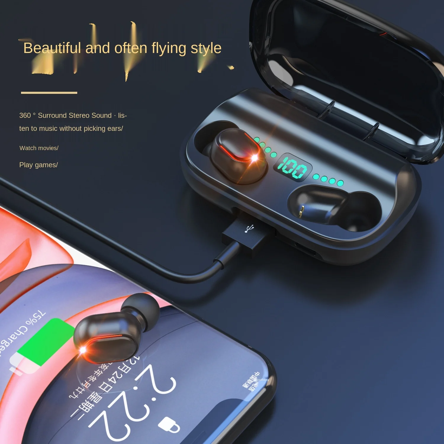 Fashionable new multifunctional bluetooth headset with charging compartment power digital display TWS wireless headset 5 0