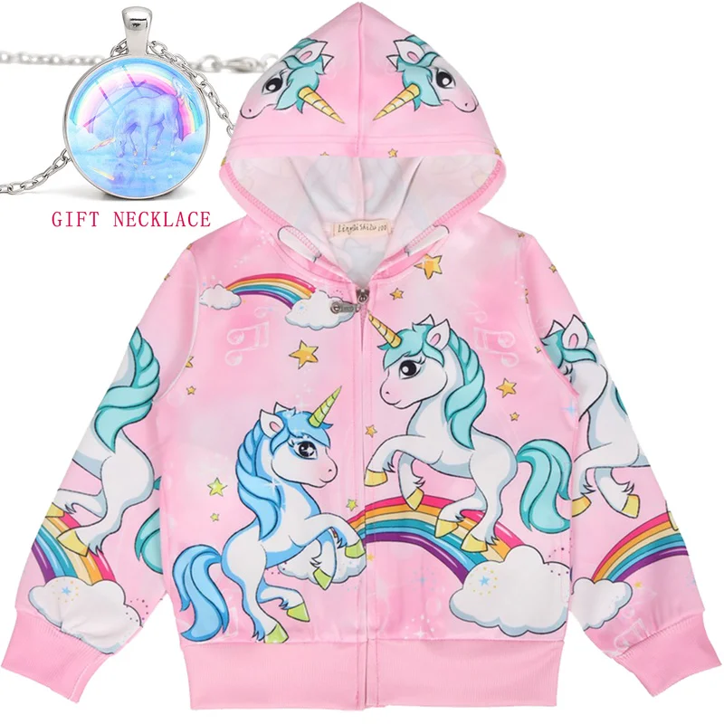 

Baby Spring Girls Jackets And Coats Hooded Unicorn Rainbow Pattern Kid Windbreaker Jackets Autumn Jackets For Girl Children Coat