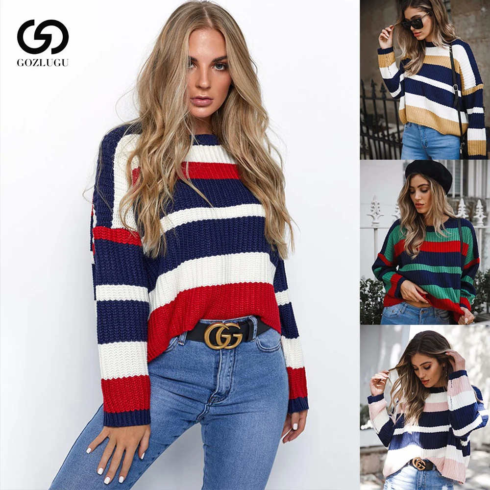 

O Neck Female Sweaters Colorful Pull Clothing Rainbow Stripes Pullovers Women Sweater Jumper Knitwear