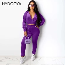 

Two Piece Set Women Velvet Set Hoodied Long Sleeve Crop Top Stacked Sporty Pants Leggings 2 Piece Set Outfit Tracksuit Sweatsuit