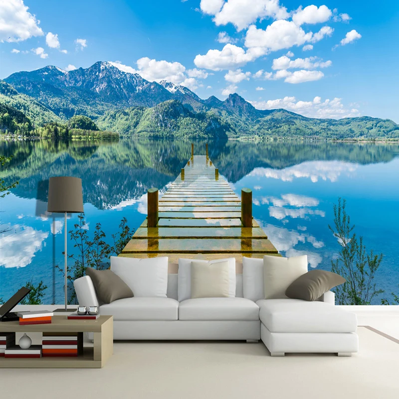 3D-Wallpaper-Nature-Scenery-Blue-Sky-Wooden-Bridge-Lake-Photo-Wall-Mural-Living-Room-TV-Sofa