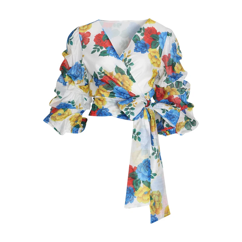 GALCAUR/белые женские рубашки с цветочным принтом и бантом, кружевные буффы на рукавах с v-образным вырезом, винтажная блузка, Женская Осенняя