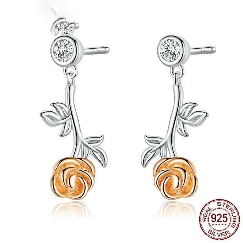 

3D Rose Flower Branch Female Dangle Earrings for Women Authentic 925 Sterling Silver Luxury Jewelry Gifts for Girl BSE292