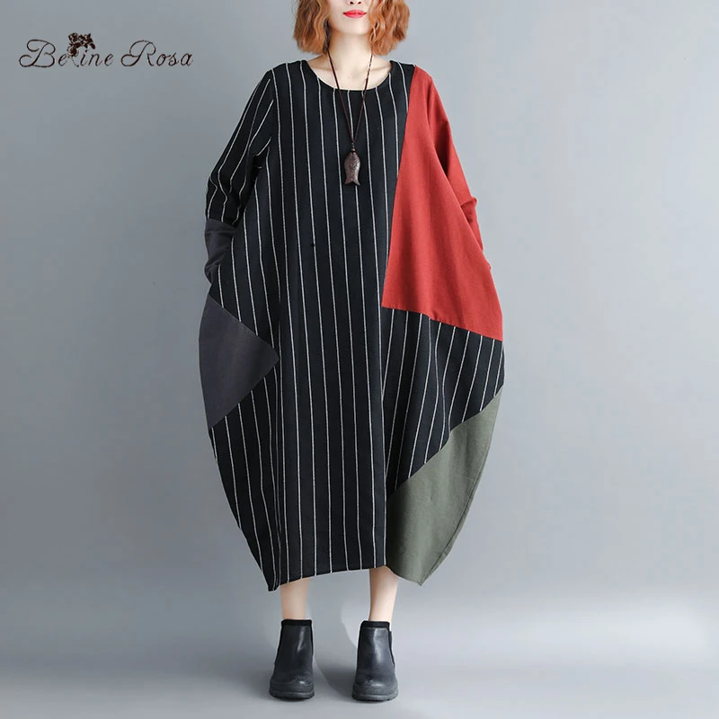 

BelineRosa Autumn Style European Casual Striped Cotton Linen Dresses Long Sleeve Big Waist Plus Size Dress Women YXWY0004
