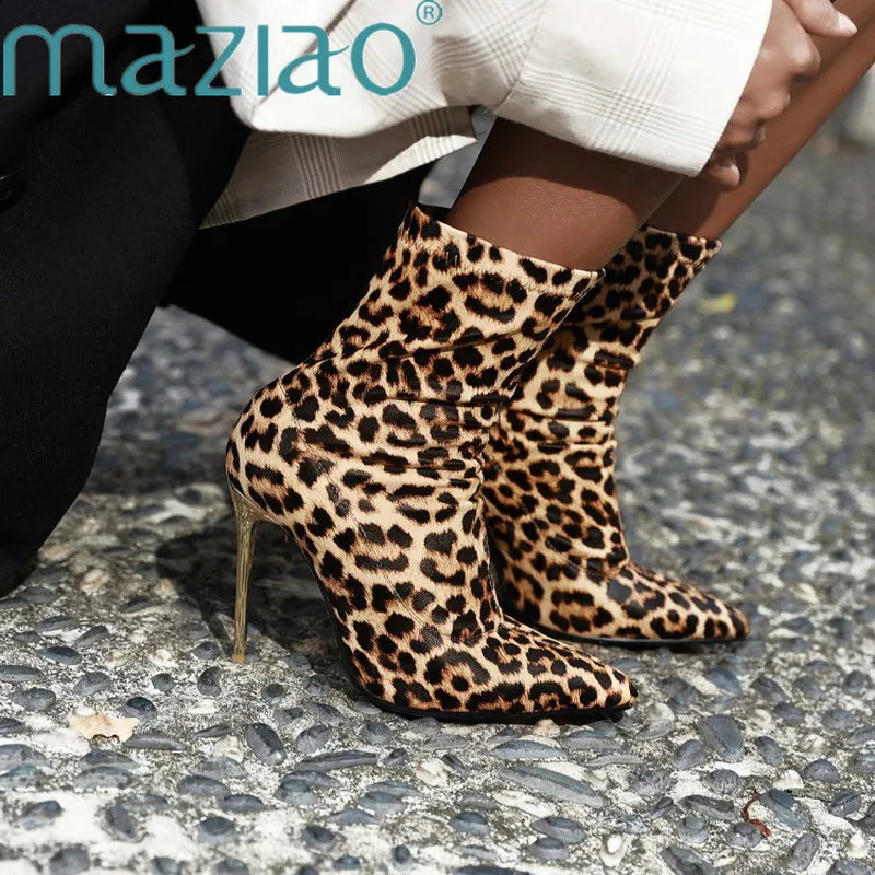 

2019 New Leopard boots women Stretch Fabric Pointed toe Ankle boots high heels basic High Boots Sexy Pumps women shoes MAZIAO