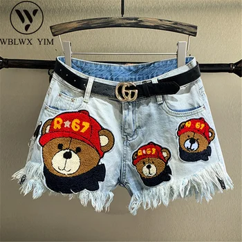 

Cartoon Patch Denim Shorts Women Summer Tassel High waist Jeans Shorts Female Casual Loose A-Line Wide leg Short Jeans With Belt