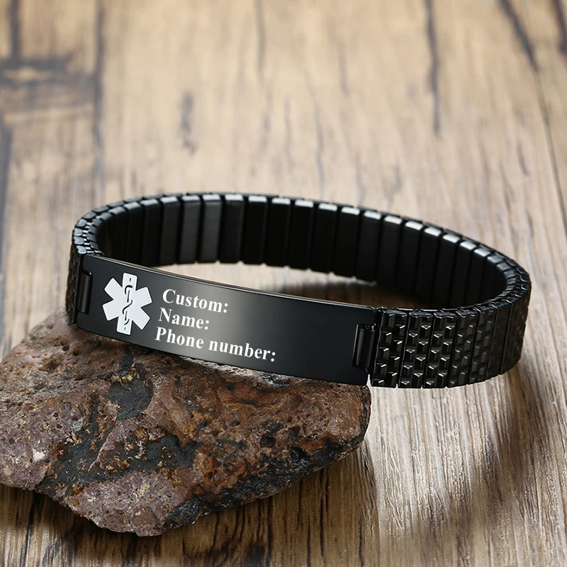Браслет из нержавеющей стали черный браслет с гравировкой|stretch bracelet|medical alertbracelet