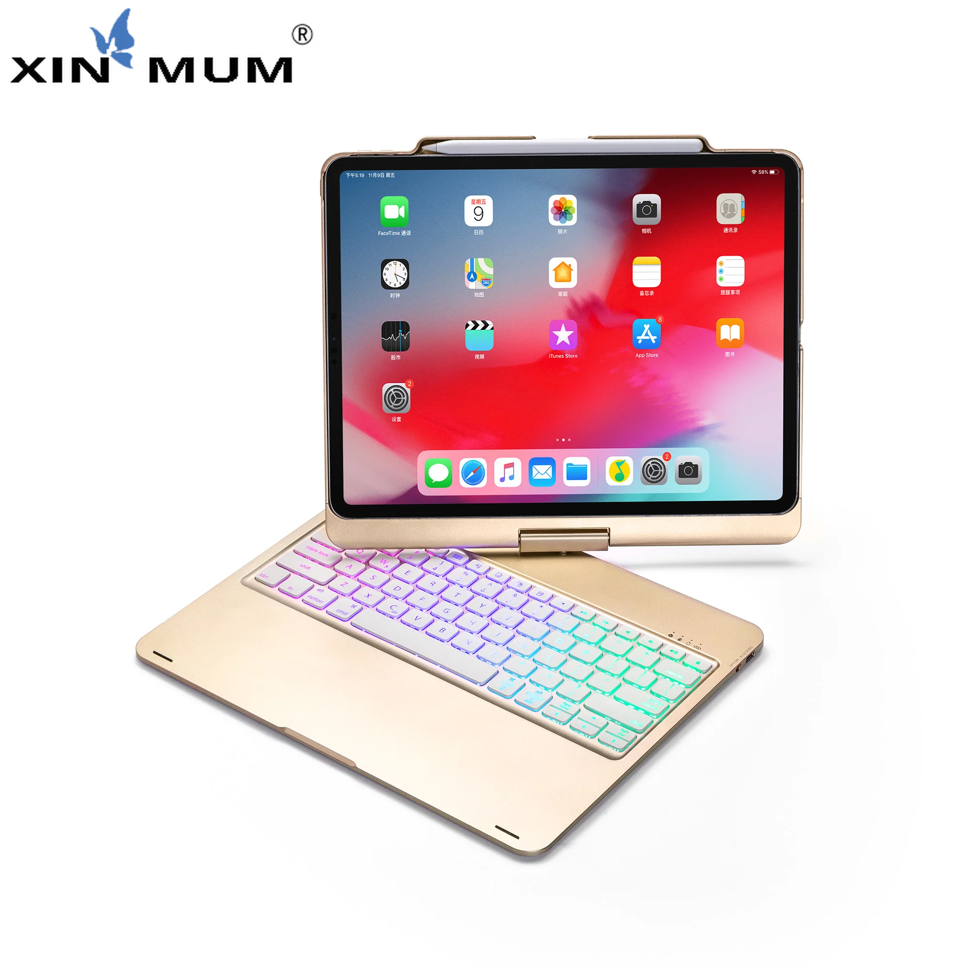 

English Bluetooth Keyboard Case For iPad Pro 12.9 2018 Rotating 7 Colors Backlight Keyboards with Leather Hard Case Tablet Cover