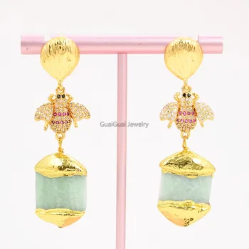 

GG Jewelry Natural Amazonite Gems Stone 24K Golden Plated Cz Pave Bee Beetle Hook Earrings