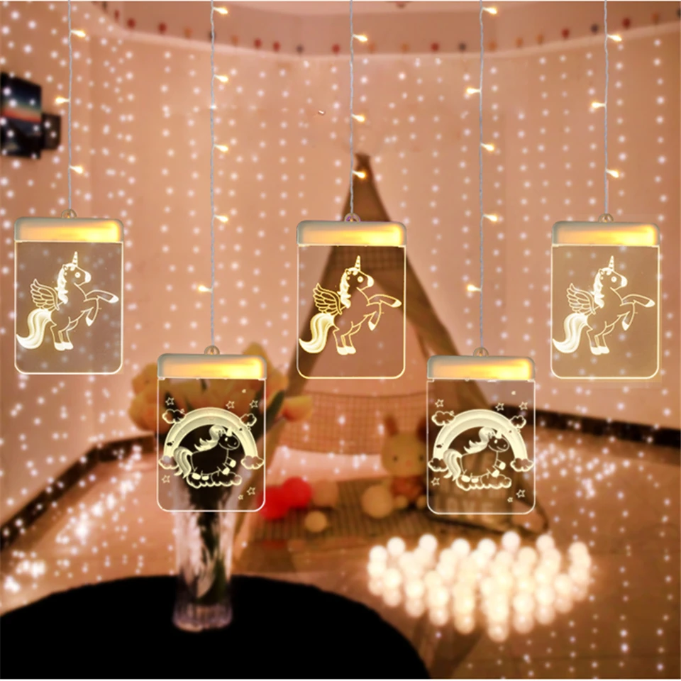 Рождественская тема светодиодный 3D иллюзия ночные огни Романтический Единорог сосулька занавес Сказочный свет для дня рождения День святого Валентина