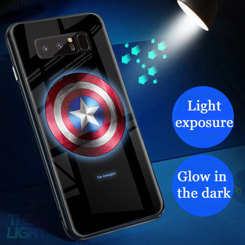 

Superhero Marvel Avengers Luminous Glass Case For Samsung Galaxy Note 9 8 S10E S10 5G S9 S8 Plus Spider Man iron Cover Superman
