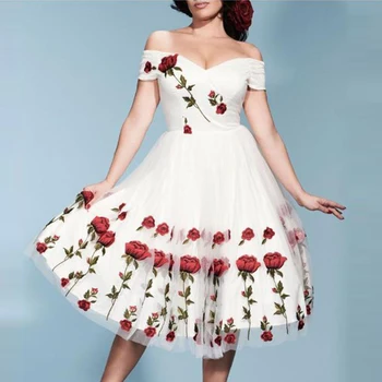 

Big Size Women Embroidery Midi Dress Plus Size Mesh Swing Dresses Off The Shoulder Retro Clothing Fashion Elegant Chic Vestidos
