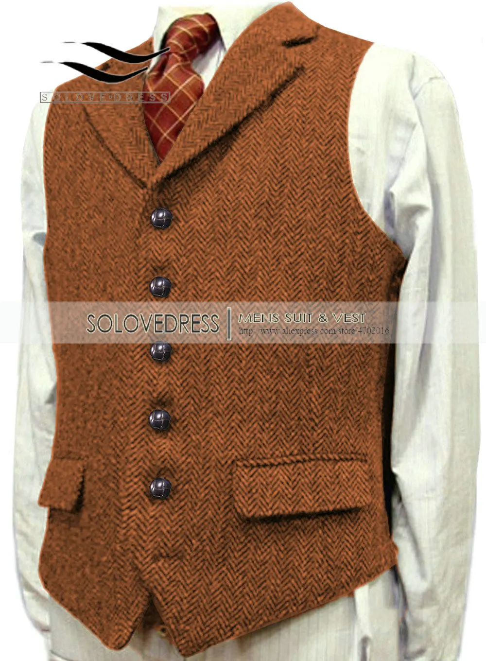 Men's Wool Tweed Slim Fit Leisure Cotton Suit Burgundy Vest Gentleman Herringbone Business Brown Waistcoat For Wedding Groom 5