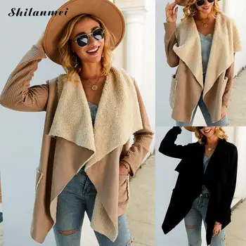 

Women Fur Coat Jacket Winter Lamb Fur Cardigan Coat 2019 New Stitching Knit Sleeves Lapel Irregular Loose Ladies Outerwear Coats
