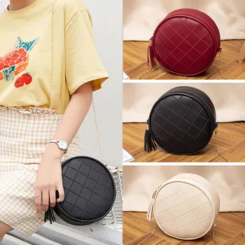 

Women Mini Round Bags Solid Color Plaid Shoulder Handbags Women Small Round Tassel Crossbody Bags Purses Clutches