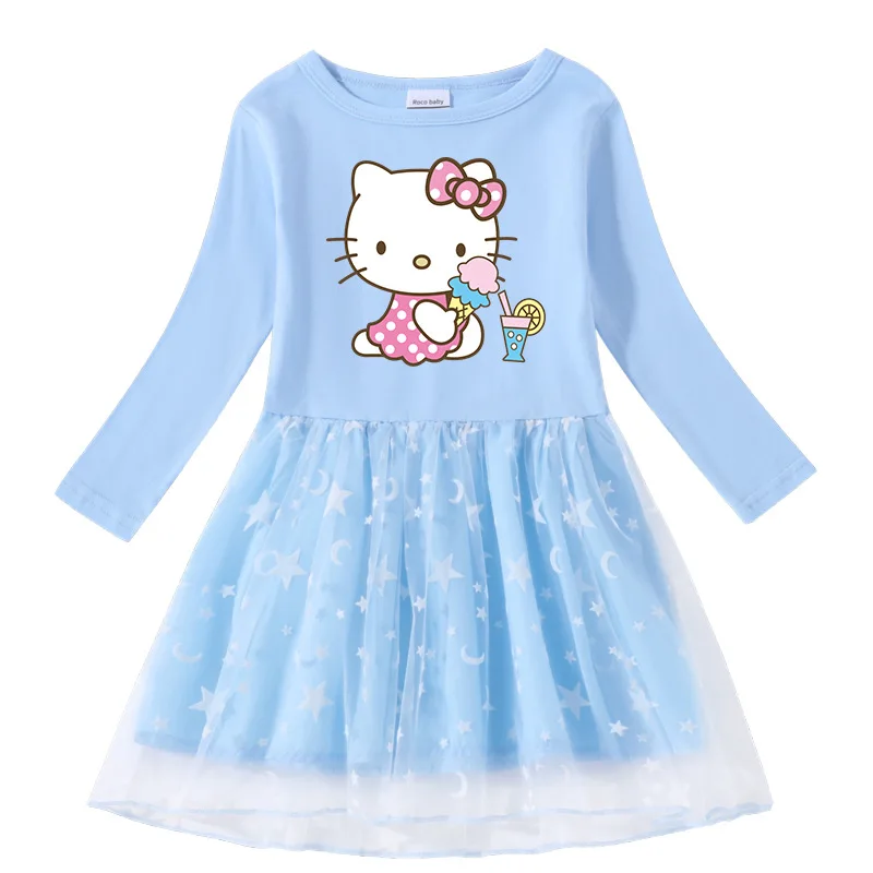 Hello Kitty lindo estampado de dibujos animados niños algodón moda plisada princesa vestido estrella Luna hilo neto manga larga casual niñas falda