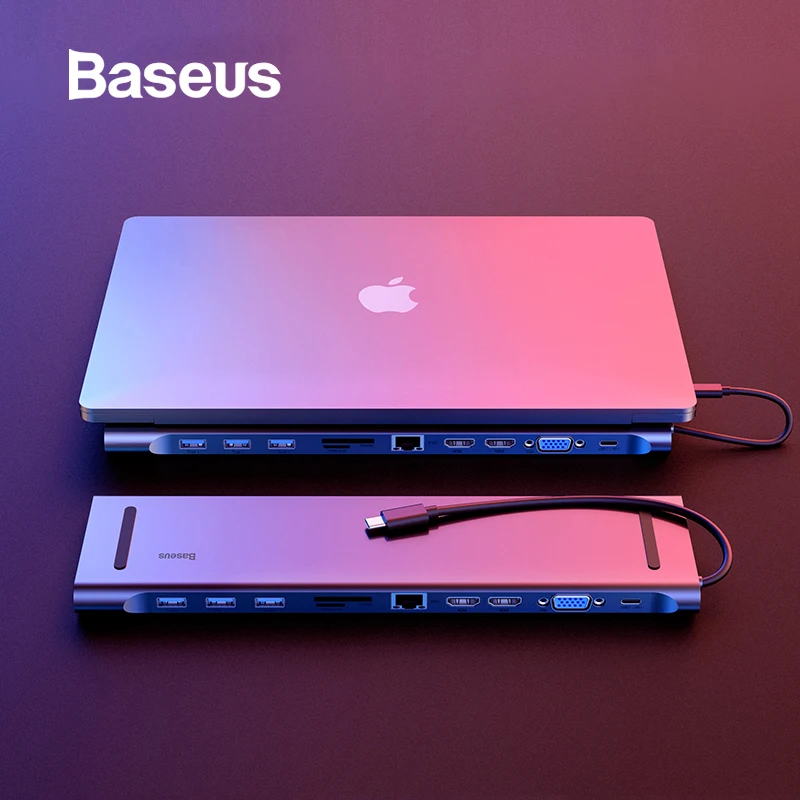 Скидка Baseus 11 в 1 мульти font b USB b font C концентратор к HDMI VGA font b USB b font 3,0 RJ45 3,5 мм аудио адаптер для MacBook Type C концентратор для Samsung S8 Huawei Mate 10