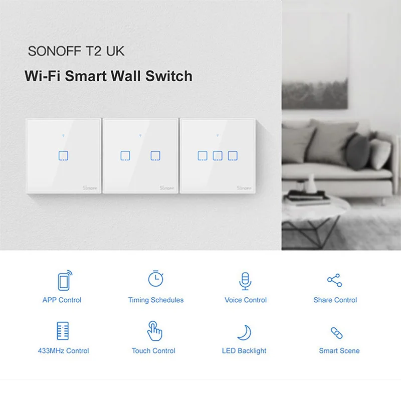 

SONOFF T2UK Wifi Wall Light Touch Switch,1/2/3 Gang Smart Switch Alexa, 433 RF/Voice/APP Remote Control Switches Glass Panel TX