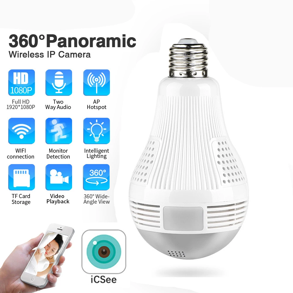 HD 360 ° панорамный Wifi 1080P IP камера светильник лампа домашняя охранная видеокамера
