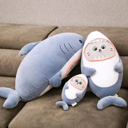 Plush Shark Toy Kawaii Cartoon Cat Face Shark Soft Doll Kids Toys Shark Pillow Birthday Gift Animal Decor Cushion for Children