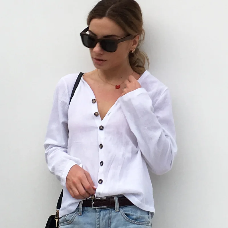 Korean Vadim Blouse Full 2019 New Solid Color Europe And The Hot Long-sleeved Breathable Button Shirt Cotton Sunscreen Clothing  - 4.00012E+12