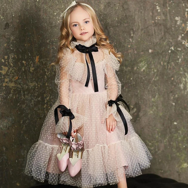 Polka-dot Tulle Flower Girl Dresses Illusion Long Sleeves Girl Wedding Party Dress Ribbons Communion Dress Birthday New Year pink tea length