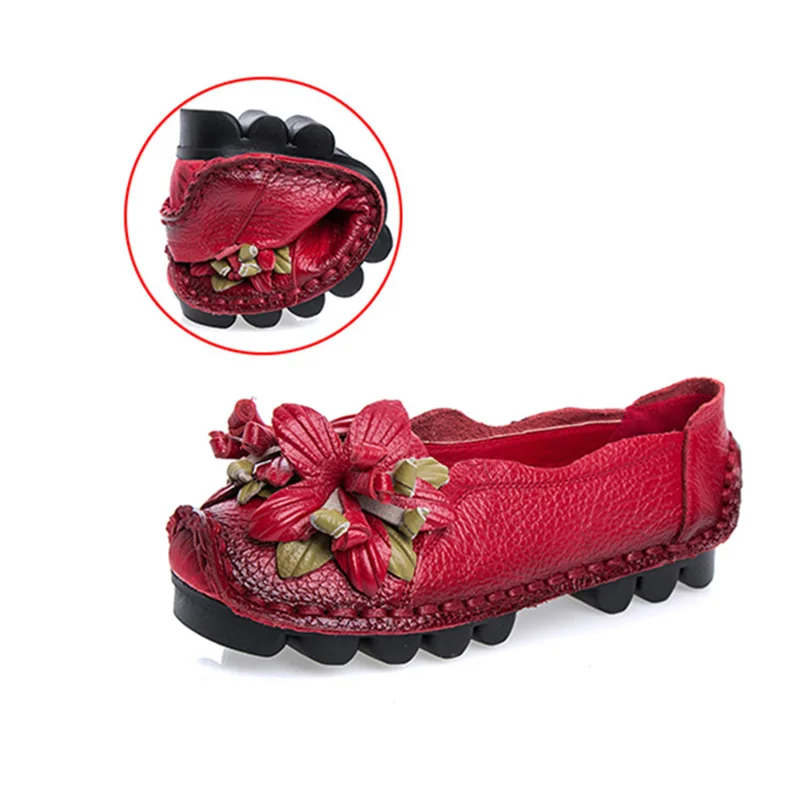 Size 35-42 Genuine Leather Summer Flats Women Soft Slip-On Flat Shoes Black Red Floral Mom Loafers Moccasin Lady Designer Shoes 
