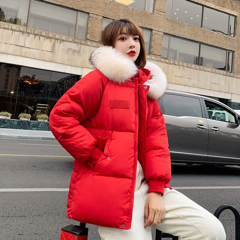 Шикарное короткое меховое пальто с капюшоном для пекарни, зимнее пуховое пальто, тяжелая куртка большого размера, Толстая теплая ватная парка с хлопковой подкладкой - Цвет: RED