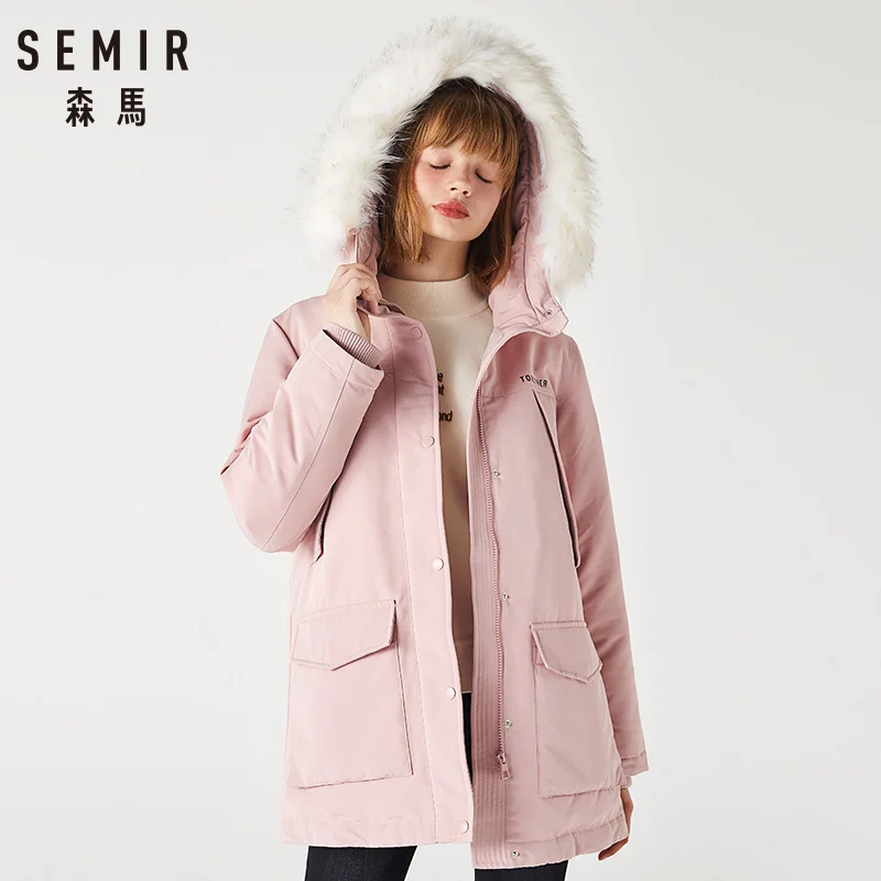 SEMIR Хлопковая женская парка зимнее Новое Свободное длинное пальто с меховым воротником ветровка средней длины теплое пальто
