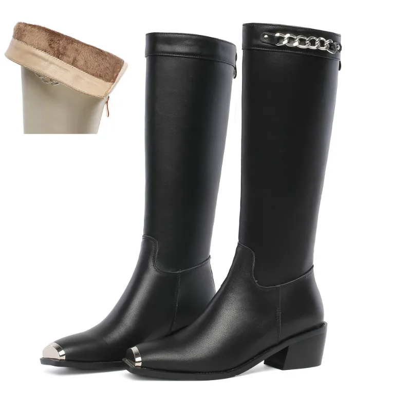 Black with plush Xiuningyan Для женщин сапоги с цепочкой, на молнии из натуральной кожи, металлическая накладка на носке, квадратный носок сапоги до колена, высокие сапоги с металлическим носом; модная обувь женские длинные сапоги - Цвет: Black with plush