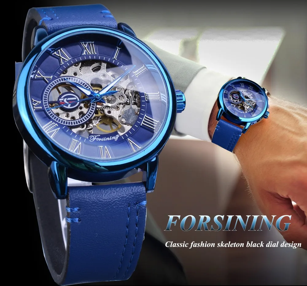 Forsining Mens Full Blue Mechanical Watches Hand Winding Analog Genuine Leather Belt Business Dress Wristwatch Relogio Masculino