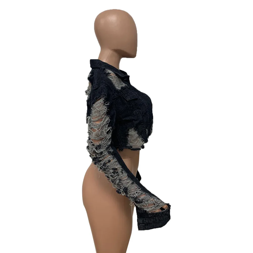 Echoine Turn-down Colarinho Jean Jaqueta Vintage Sexy Buraco Curto Denim Feminina Casual Azul Moda Cabolsas Outwear 11 Jaquetas básicas