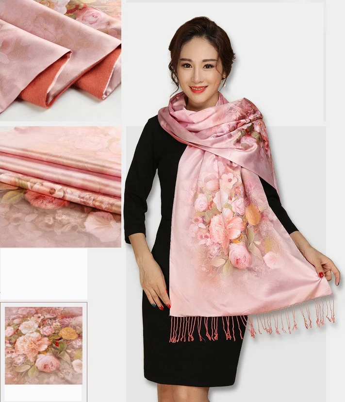 Шелковый шарф Шелковый Атласный длинный шарф люксовый бренд женский Двусторонняя сатиновая шаль Женский высококачественный принт хиджаб фуляр зима sc