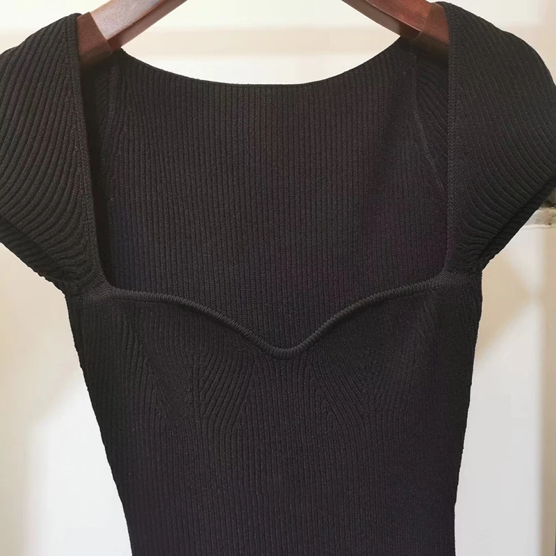 TWOTWINSTYLE Vntage Slim Knitting Women Dress Square Collar Short Sleeve High Waist Midi Dresses For Female Fashion 2020 Clothes