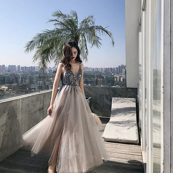 

Prom Dresses 2020 New Split Tulle A Line Sleeveless Sequins Floor Length Long Evening Gowns Formal robe de soiree