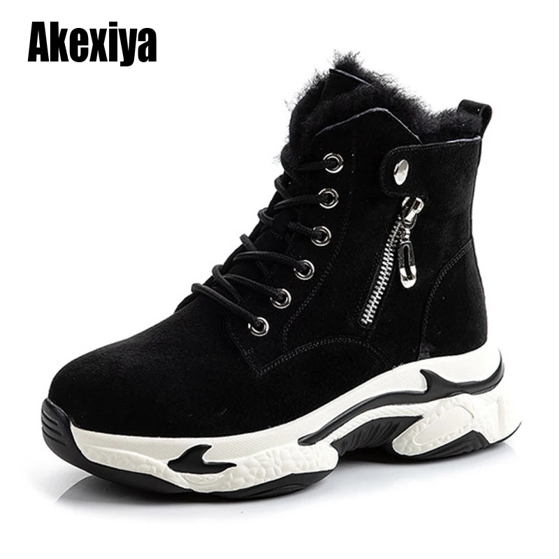 

Real wool boots women 2020 new autumn winter fashion wild Genuine Leather boots women's round head plus velvet women's boots