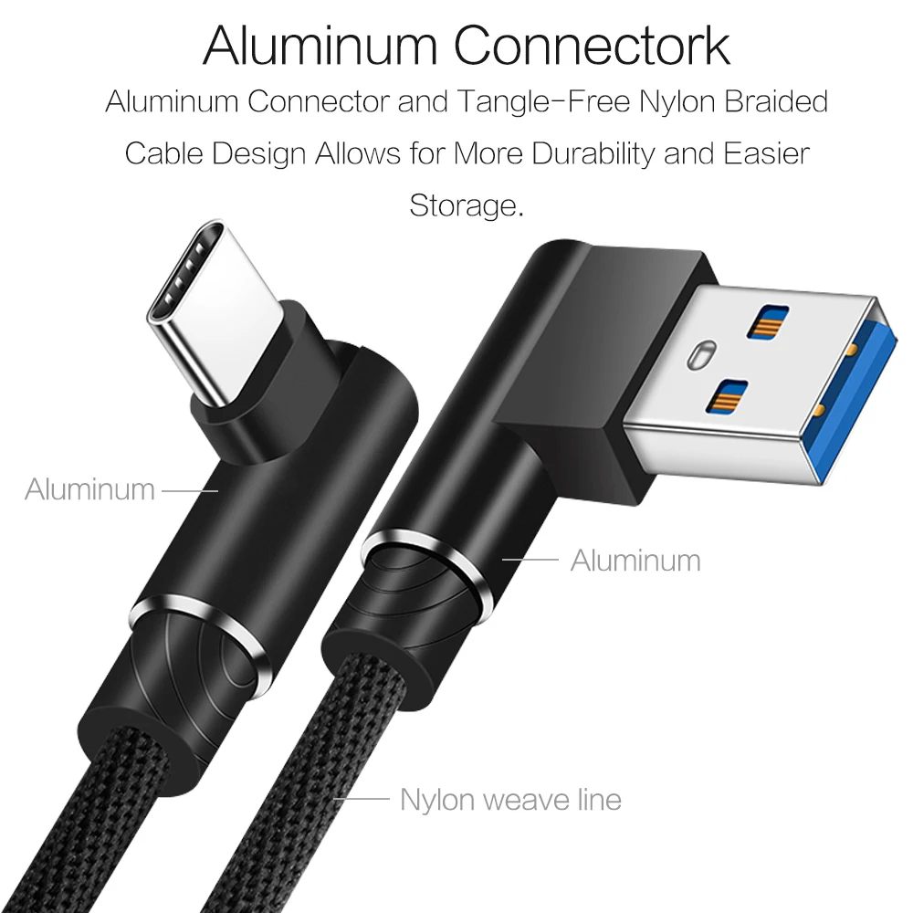 STONEGO Micro USB кабель 2A быстрое зарядное устройство USB TYPE C кабель Шнур 90 градусов локоть нейлоновый кабель для передачи данных Android телефон 1 м 2 м 3 м