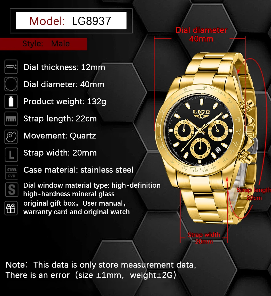 2022 LIGE Military Sport Mens Watches Top Brand Luxury Gold Quartz Watch For Men Stainless Steel Waterproof Clock Men's Watch