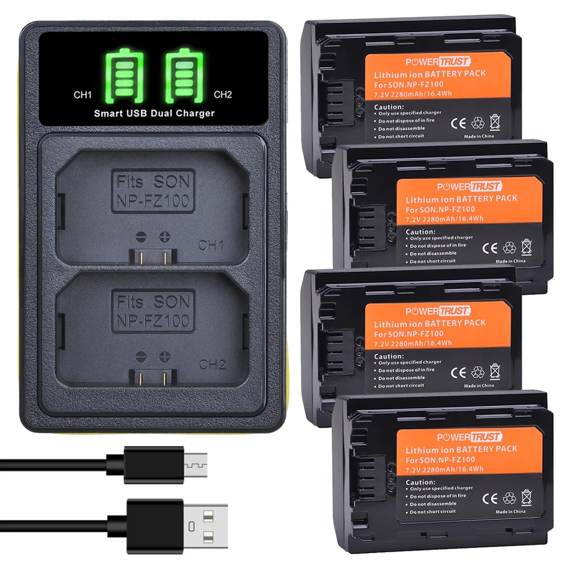 Batteria Powertrust Np-Fz100 E Caricatore Doppio Usb Per Sony Alpha A7 Iii, A7R Iii, A9, Alpha 9, A7R3, A6600, A7R Iv, Alpha A9 Ii