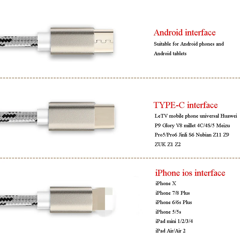 NATTHSWE Charger Cable for iPhone XS MAX X 8 7 Micro USB Type C Cable for Samsung Galaxy S9 S8 Fast Charging Cable Charger Cable