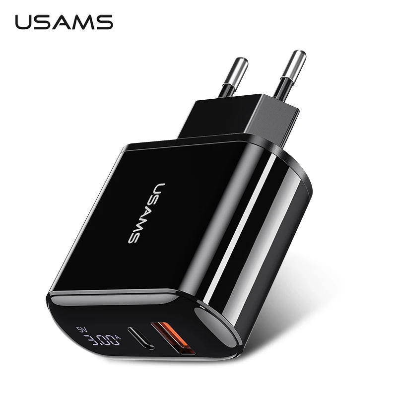 USAMS Quick Charge 3,0 USB зарядное устройство светодиодный дисплей 18 Вт QC3.0 PD 3,0 быстрое зарядное устройство для iPhone iPad Pro двойные порты, для мобильных телефонов зарядное устройство