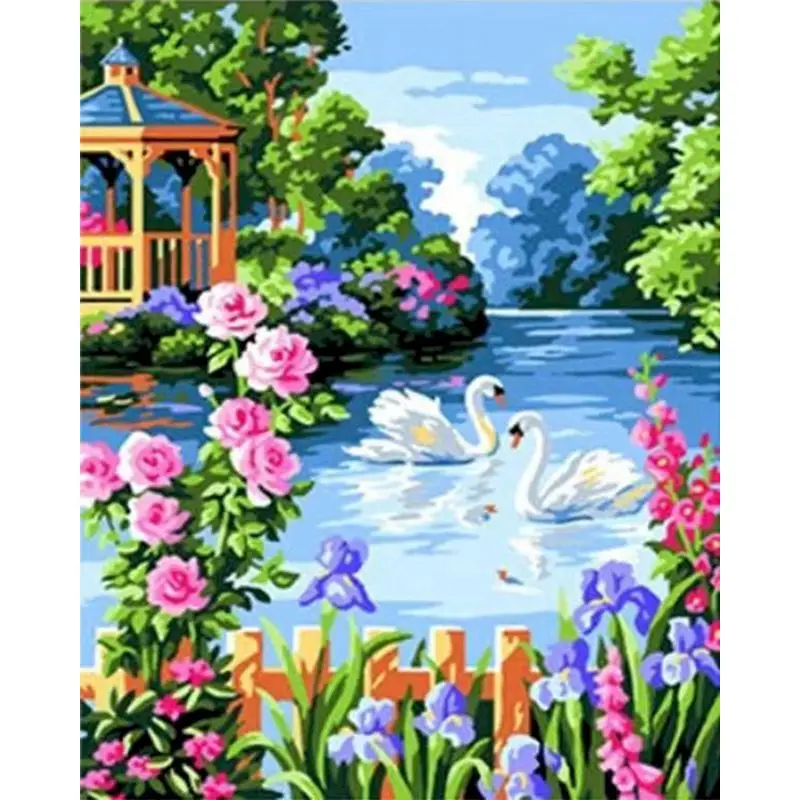 

Framed DIY Painting By Numbers Swan garden Landscape Coloring By flowers Acrylic Paint On Canvas For Living Room Wall Decors