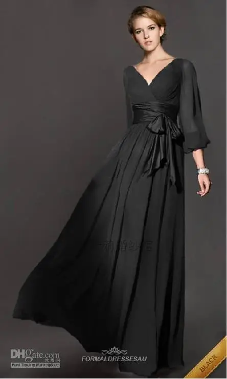 same as picture robe de soiree, Новое Модное шифоновое платье с длинным рукавом и бантом на поясе, вечерние платья, платье для мамы невесты - Цвет: same as picture