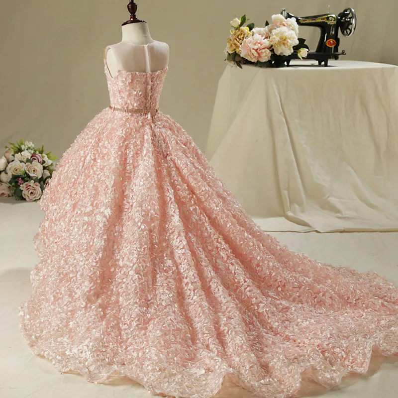 Платье с цветочным узором для девочек; свадебное розовое кружевное платье принцессы с длинным шлейфом; платье для девочек; платье для причастия; детская одежда для дня рождения на заказ