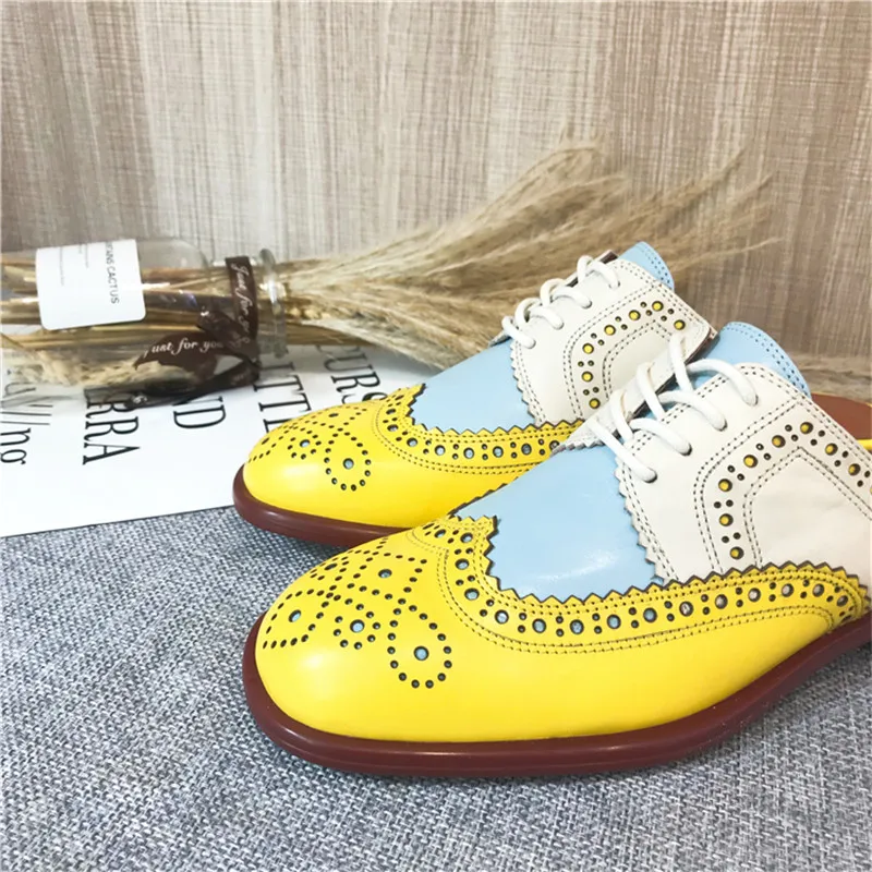 2020 Summer Slides Women's Shoes Carved Round Toe Flats Heel Brogues Mules Shallow Mouth Color Block Oxford Shoes Slippers Women (22)