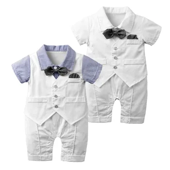 

2020 Baby Boy New Clothes Baby Suit Toddler Baby Boy White Robe Fake Vest Bow Tie Gentleman Plaid Dovetail Short Sleeve Jumpsuit