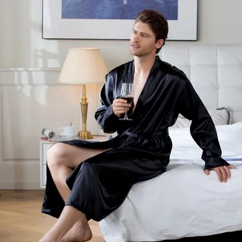 

New Men's Satin Silk Bathrobe Robe Europe Plus Size Long Solid Silk Pajamas Male Silk Sleepwear Kimono Homme Dressing Gown